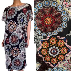 Faux Wrap Dress Boho 2X Medallions Side Tie Swing Textured Wrinkle Resistant